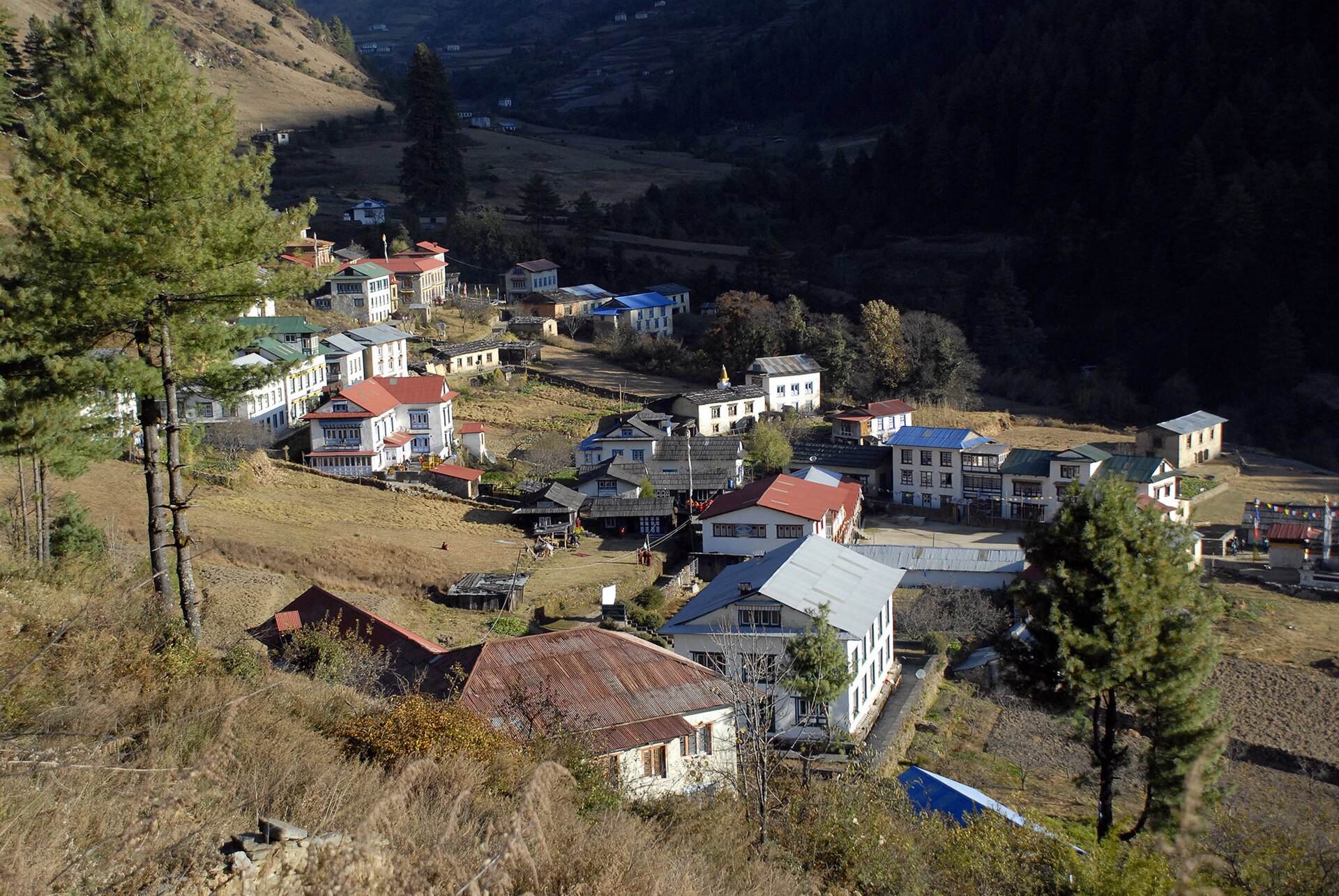 Morning view across the mountain settlement of Junbesi in Solukhumbu